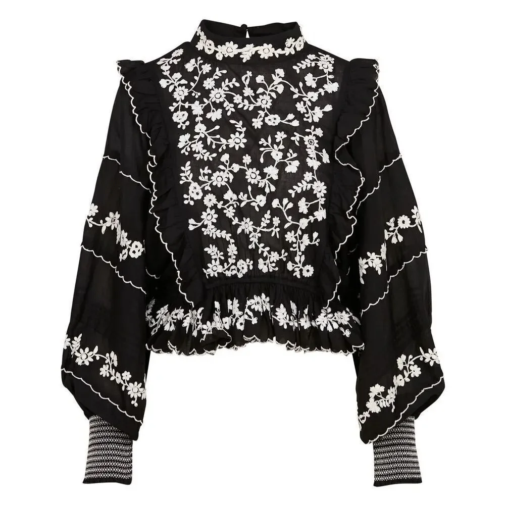 Farm Rio Women's Black White Embroidered Ruffle Long Sleeve Blouse Small NWOT